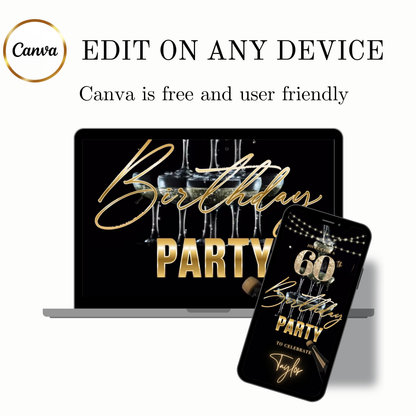 Editable black gold elegant 60th birthday birthday video invitation displayed on a mobile phone, featuring an animated vertical digital invite with music, created in Canva. This premium video invitation template is designed for sharing by text, email, and social media and works with an interactive RSVP website for easy guest response tracking.