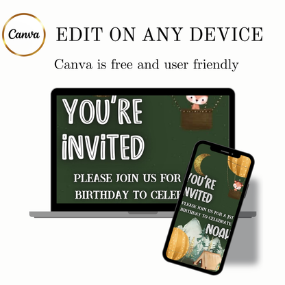Editable woodland camping 1st birthday birthday video invitation displayed on a mobile phone, featuring an animated vertical digital invite with music, created in Canva. This premium video invitation template is designed for sharing by text, email, and social media and works with an interactive RSVP website for easy guest response tracking.