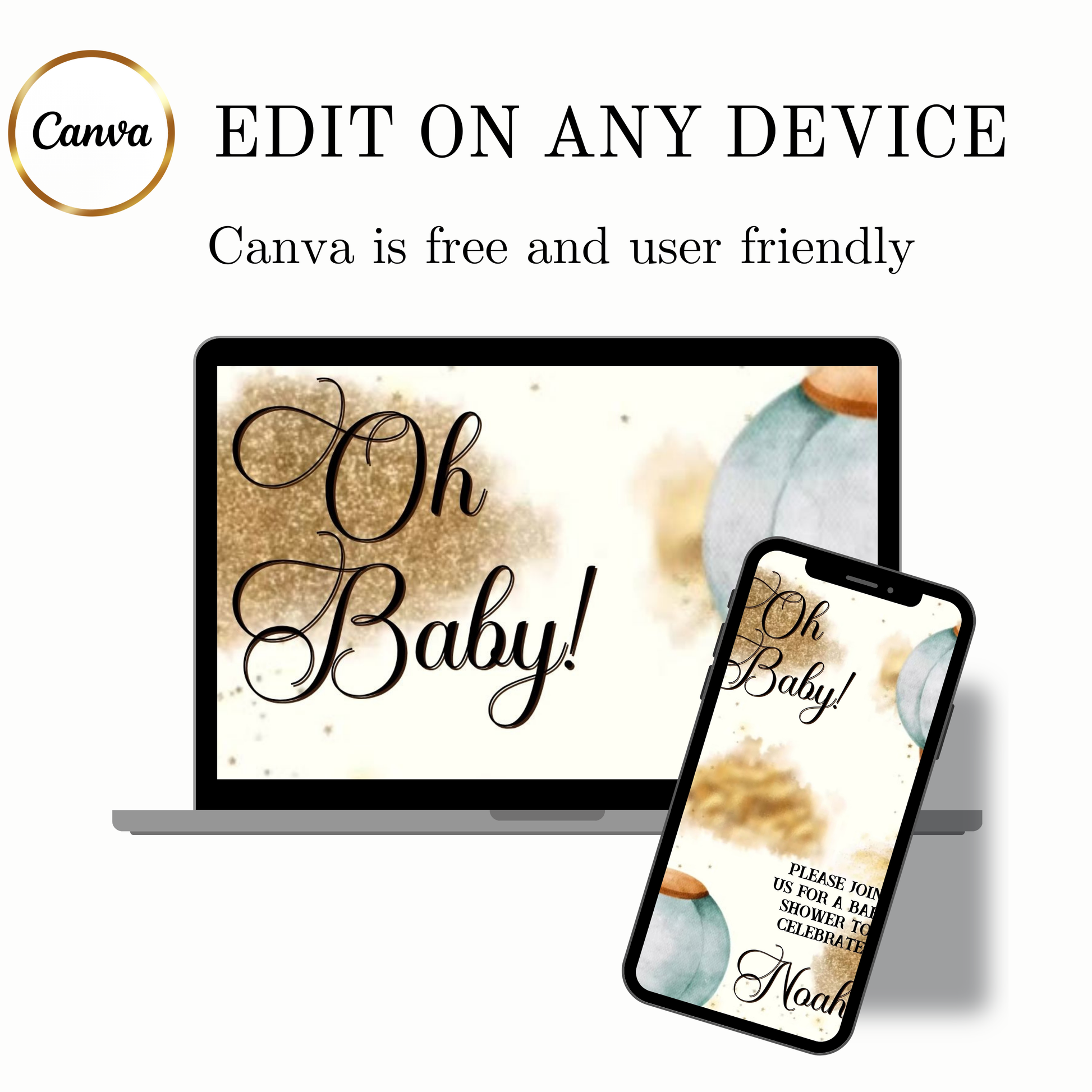 Editable woodland hot air balloon baby shower baby shower video invitation displayed on a mobile phone, featuring an animated vertical digital invite with music, created in Canva. This premium video invitation template is designed for sharing by text, email, and social media and works with an interactive RSVP website for easy guest response tracking.