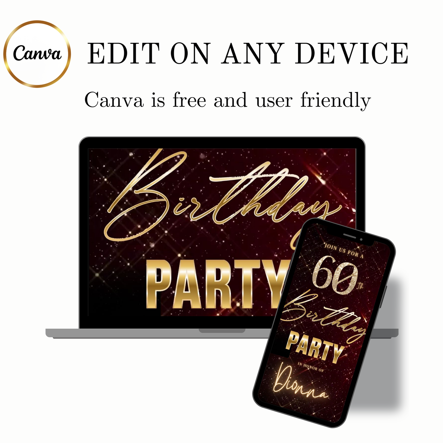 Editable maroon gold elegant 60th birthday birthday video invitation displayed on a mobile phone, featuring an animated vertical digital invite with music, created in Canva. This premium video invitation template is designed for sharing by text, email, and social media and works with an interactive RSVP website for easy guest response tracking.