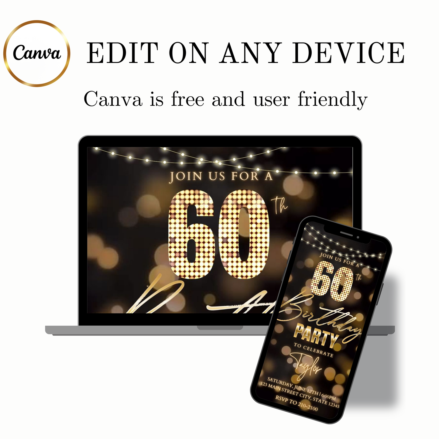 Editable gold bokeh lights 60th birthday birthday video invitation displayed on a mobile phone, featuring an animated vertical digital invite with music, created in Canva. This premium video invitation template is designed for sharing by text, email, and social media and works with an interactive RSVP website for easy guest response tracking.