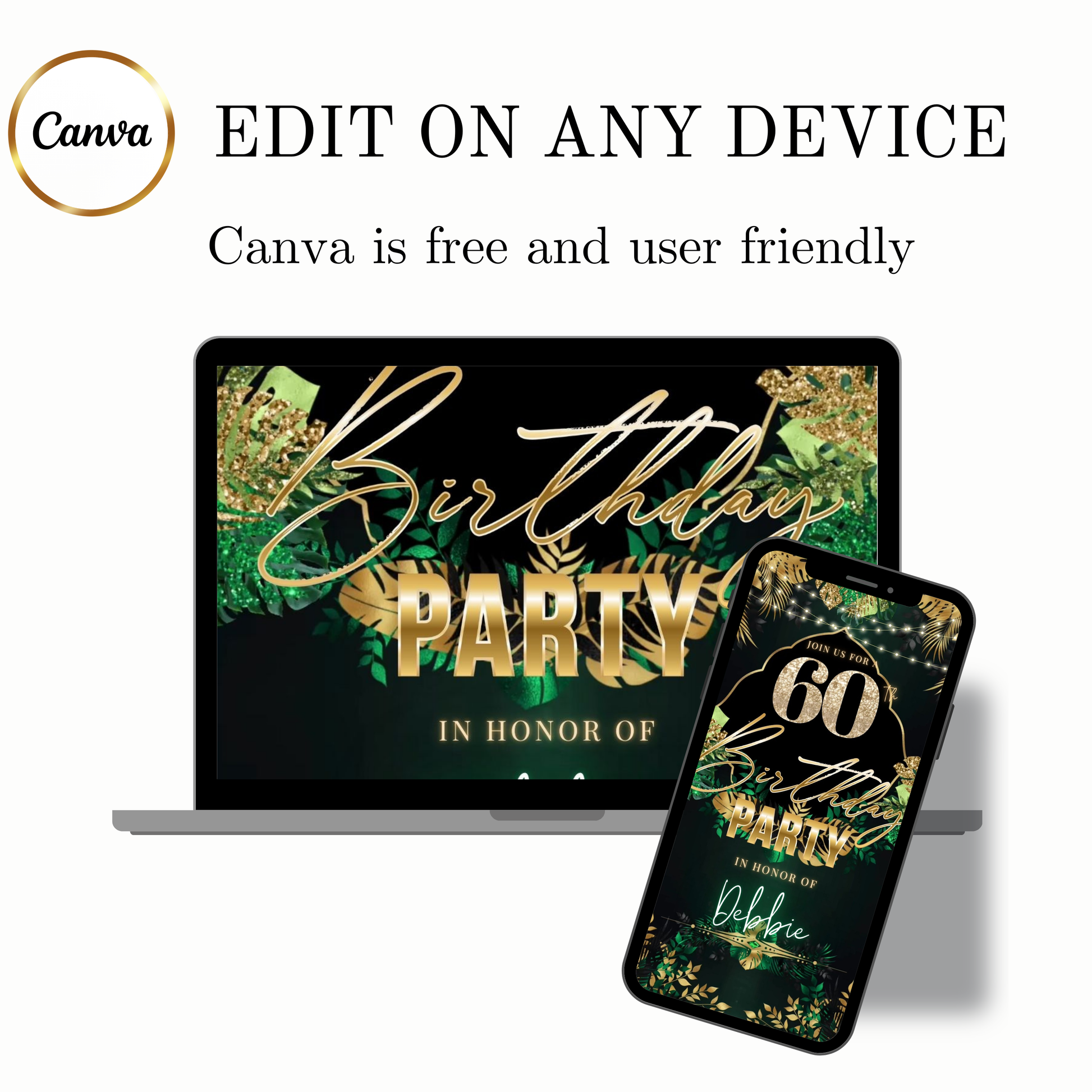 Editable safari green gold 60th birthday birthday video invitation displayed on a mobile phone, featuring an animated vertical digital invite with music, created in Canva. This premium video invitation template is designed for sharing by text, email, and social media and works with an interactive RSVP website for easy guest response tracking.
