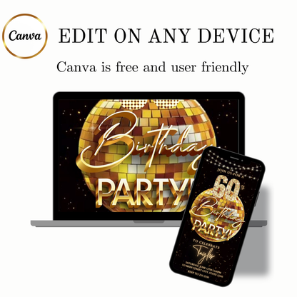 Editable gold disco ball 60th birthday birthday video invitation displayed on a mobile phone, featuring an animated vertical digital invite with music, created in Canva. This premium video invitation template is designed for sharing by text, email, and social media and works with an interactive RSVP website for easy guest response tracking.