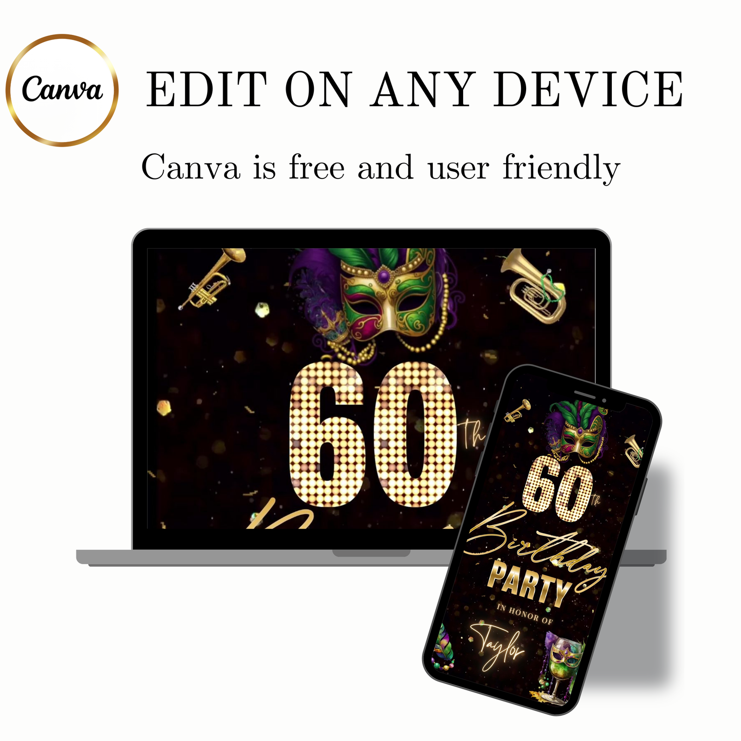 Editable mardi gras masquerade 60th birthday birthday video invitation displayed on a mobile phone, featuring an animated vertical digital invite with music, created in Canva. This premium video invitation template is designed for sharing by text, email, and social media and works with an interactive RSVP website for easy guest response tracking.