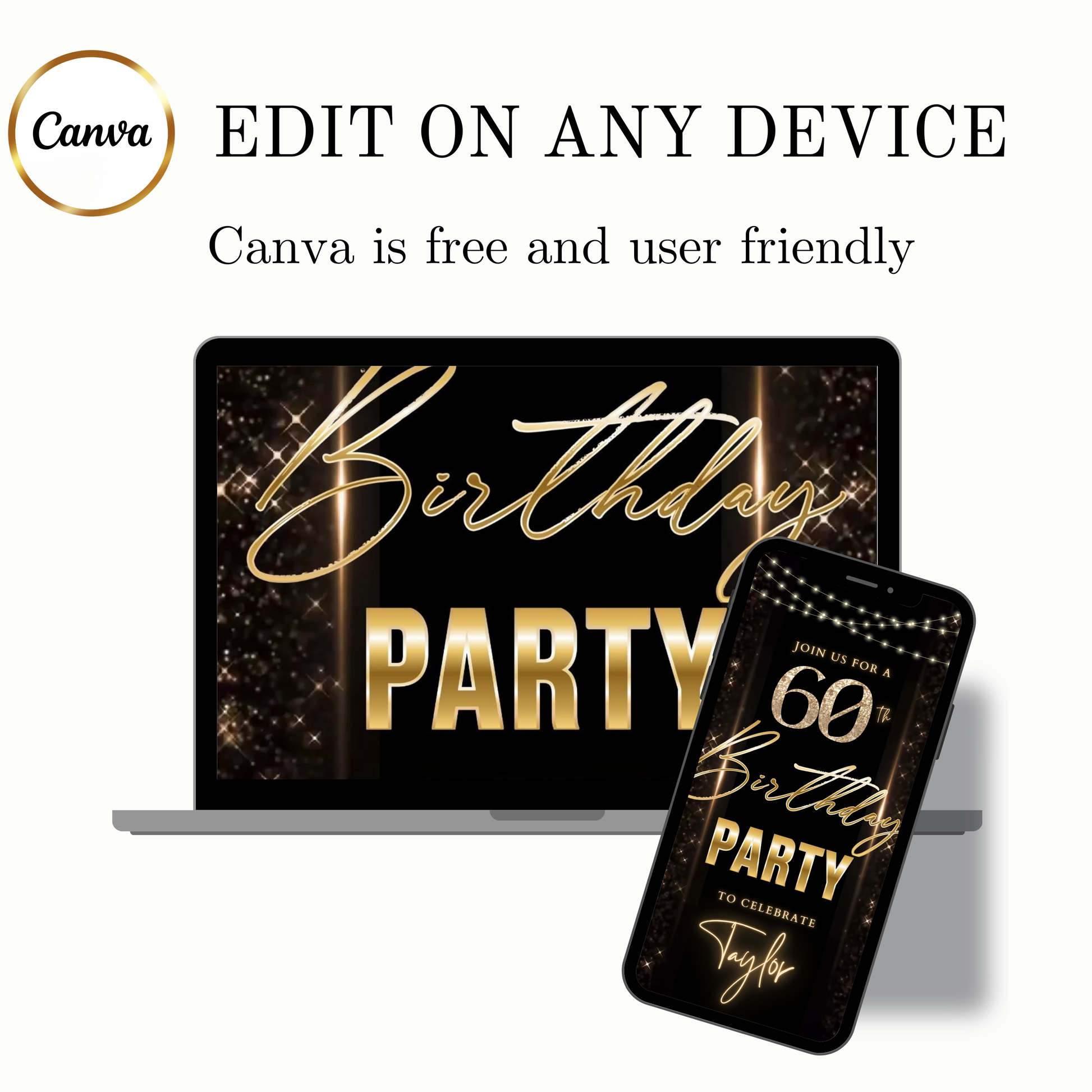Editable black gold elegant 60th birthday birthday video invitation displayed on a mobile phone, featuring an animated vertical digital invite with music, created in Canva. This premium video invitation template is designed for sharing by text, email, and social media and works with an interactive RSVP website for easy guest response tracking.