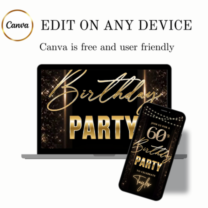 Editable black gold elegant 60th birthday birthday video invitation displayed on a mobile phone, featuring an animated vertical digital invite with music, created in Canva. This premium video invitation template is designed for sharing by text, email, and social media and works with an interactive RSVP website for easy guest response tracking.