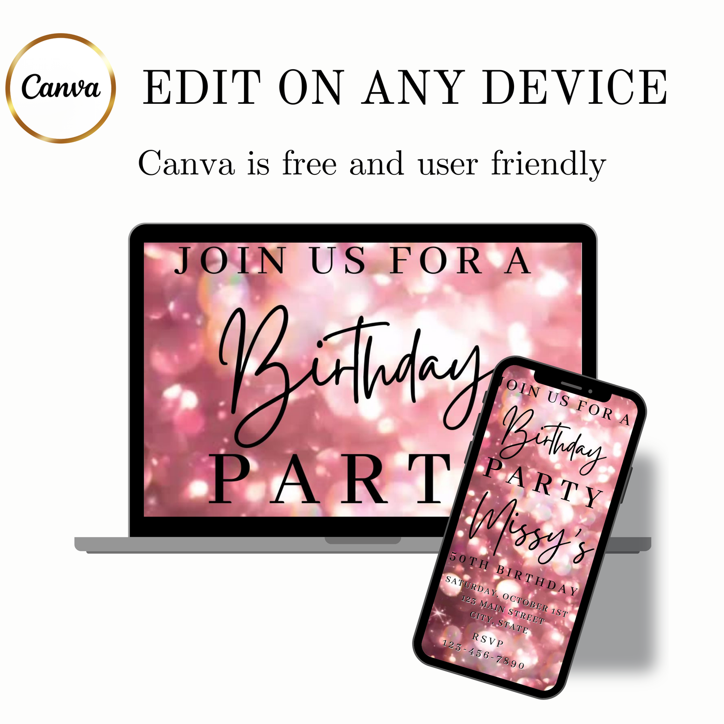 Editable rose gold bokeh 50th birthday birthday video invitation displayed on a mobile phone, featuring an animated vertical digital invite with music, created in Canva. This premium video invitation template is designed for sharing by text, email, and social media and works with an interactive RSVP website for easy guest response tracking.