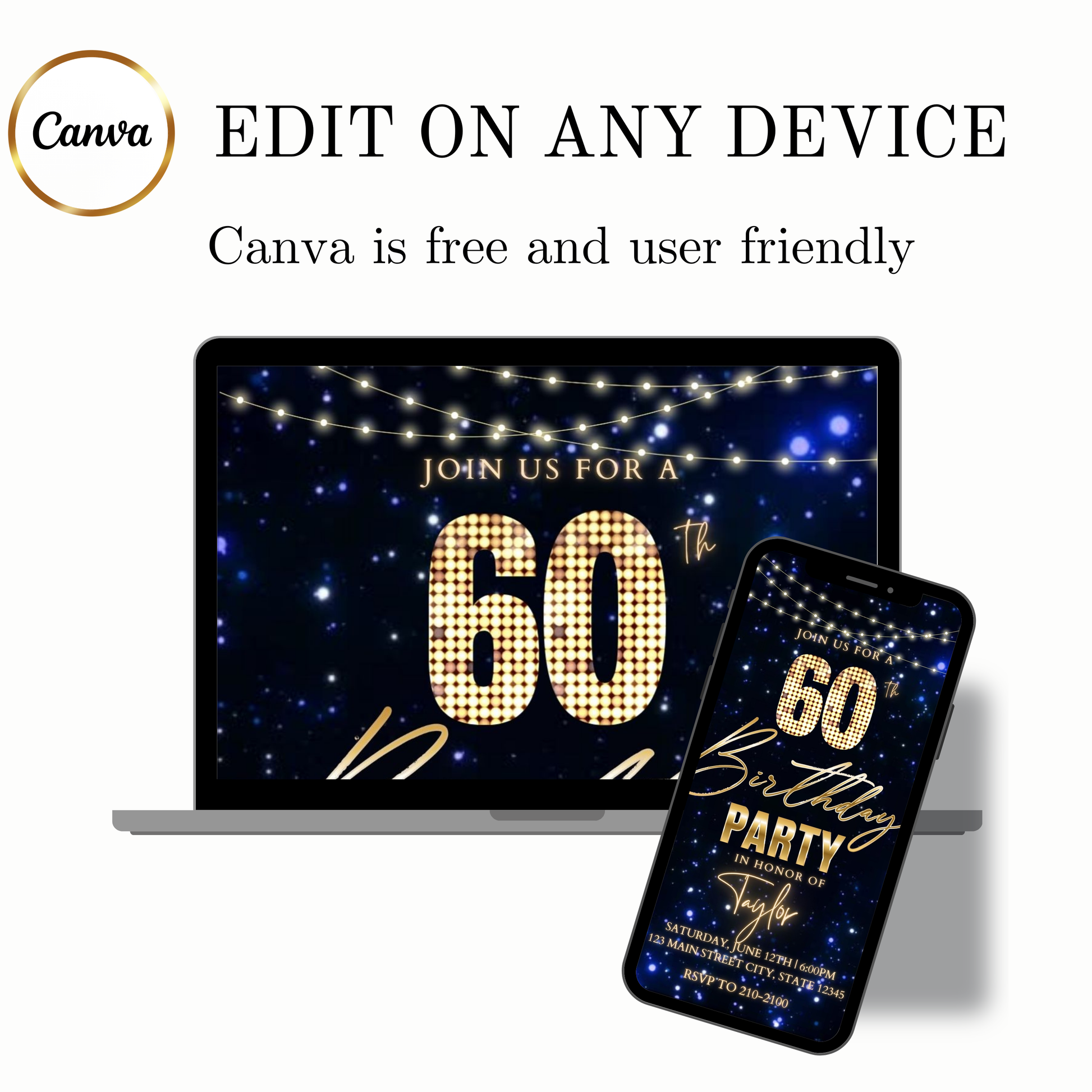 Editable navy gold starry 60th birthday birthday video invitation displayed on a mobile phone, featuring an animated vertical digital invite with music, created in Canva. This premium video invitation template is designed for sharing by text, email, and social media and works with an interactive RSVP website for easy guest response tracking.