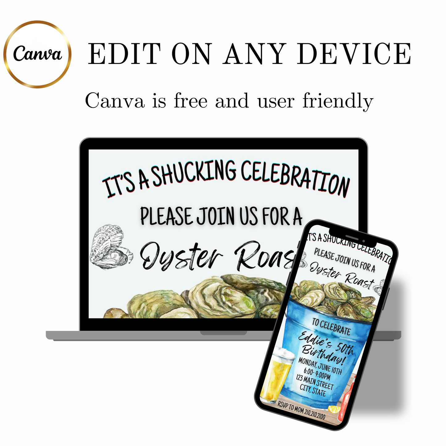 Editable oyster roast birthday party birthday video invitation displayed on a mobile phone, featuring an animated vertical digital invite with music, created in Canva. This premium video invitation template is designed for sharing by text, email, and social media and works with an interactive RSVP website for easy guest response tracking.