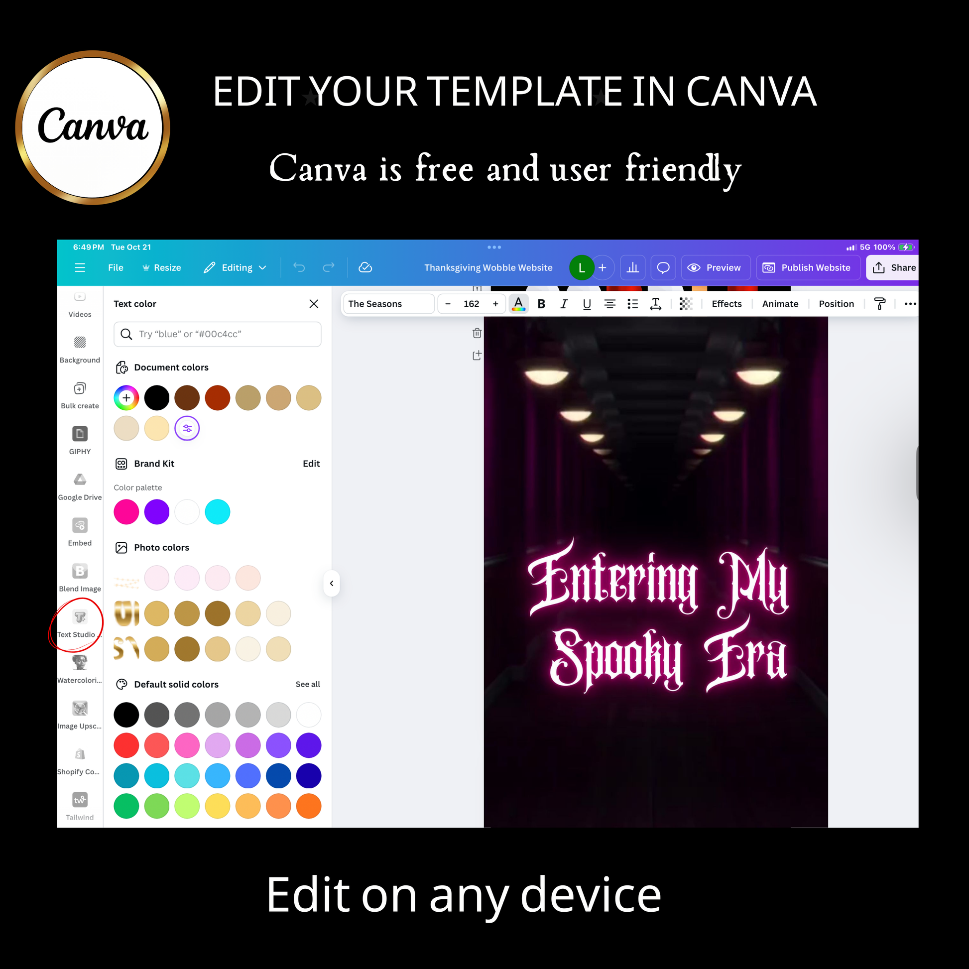 Editable halloween era party party video invitation displayed on a mobile phone, featuring an animated vertical digital invite with music, created in Canva. This premium video invitation template is designed for sharing by text, email, and social media and works with an interactive RSVP website for easy guest response tracking.