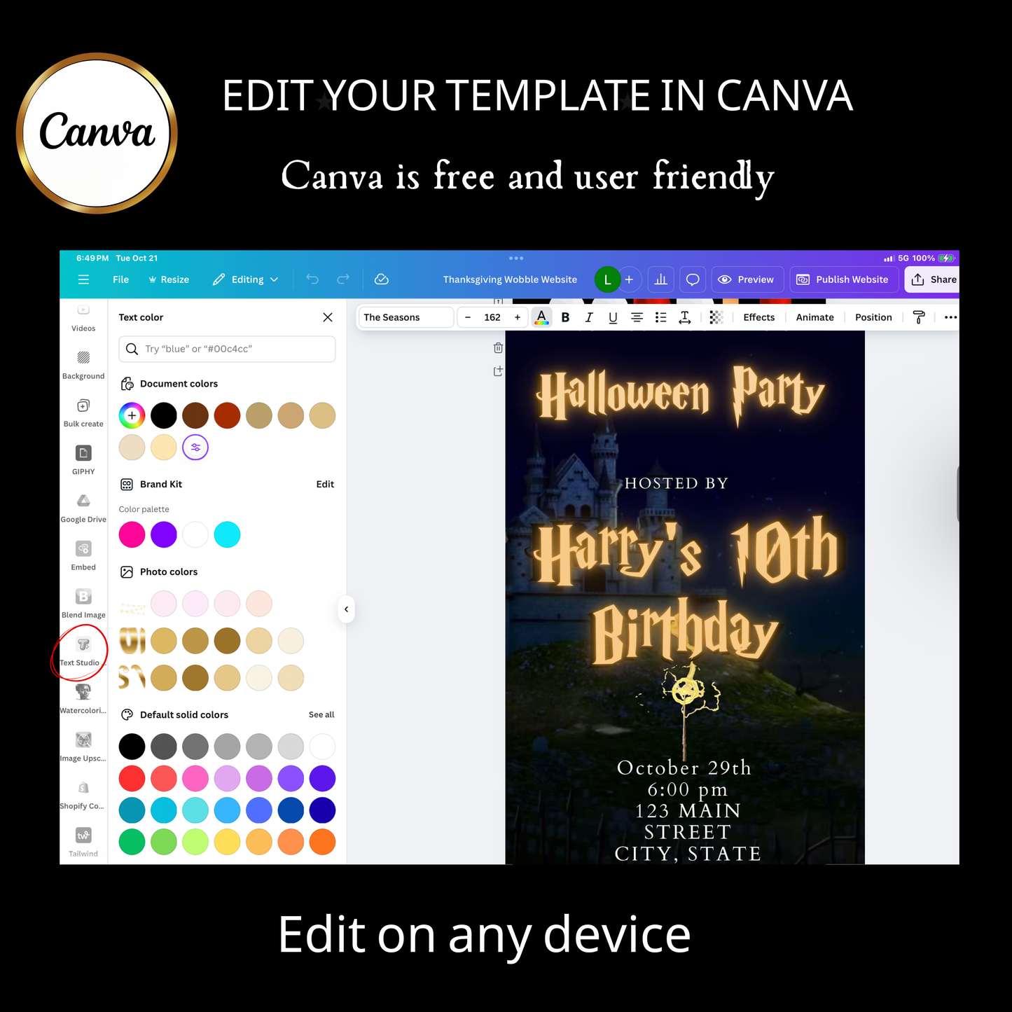 Editable wizard halloween birthday birthday video invitation displayed on a mobile phone, featuring an animated vertical digital invite with music, created in Canva. This premium video invitation template is designed for sharing by text, email, and social media and works with an interactive RSVP website for easy guest response tracking.