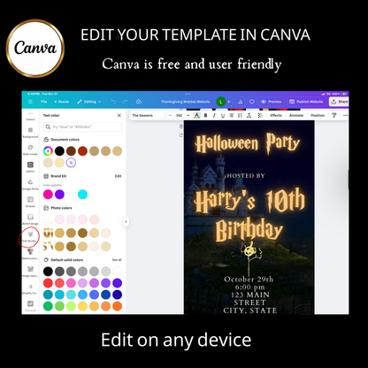 Editable wizard halloween birthday birthday video invitation displayed on a mobile phone, featuring an animated vertical digital invite with music, created in Canva. This premium video invitation template is designed for sharing by text, email, and social media and works with an interactive RSVP website for easy guest response tracking.