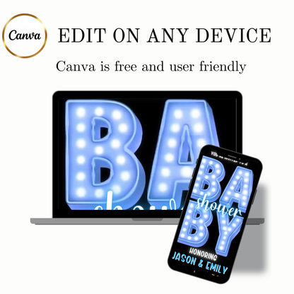 Editable blue marquee boy baby shower baby shower video invitation displayed on a mobile phone, featuring an animated vertical digital invite with music, created in Canva. This premium video invitation template is designed for sharing by text, email, and social media and works with an interactive RSVP website for easy guest response tracking.