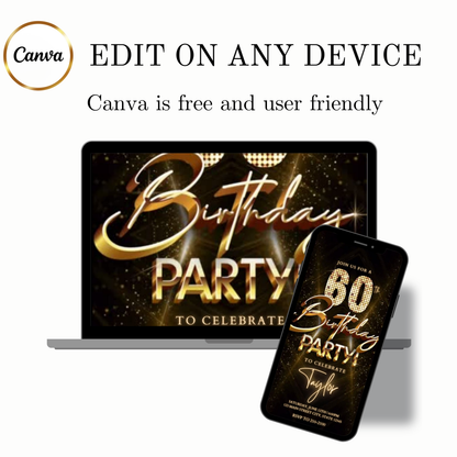 Editable luxury gold spotlight 60th birthday birthday video invitation displayed on a mobile phone, featuring an animated vertical digital invite with music, created in Canva. This premium video invitation template is designed for sharing by text, email, and social media and works with an interactive RSVP website for easy guest response tracking.