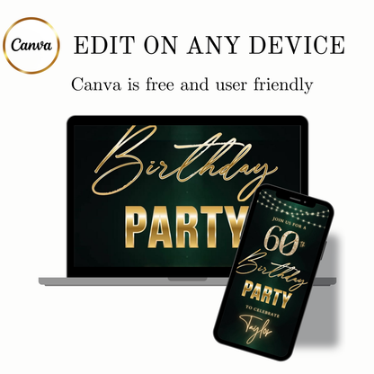 Editable dark emerald gold 60th birthday birthday video invitation displayed on a mobile phone, featuring an animated vertical digital invite with music, created in Canva. This premium video invitation template is designed for sharing by text, email, and social media and works with an interactive RSVP website for easy guest response tracking.