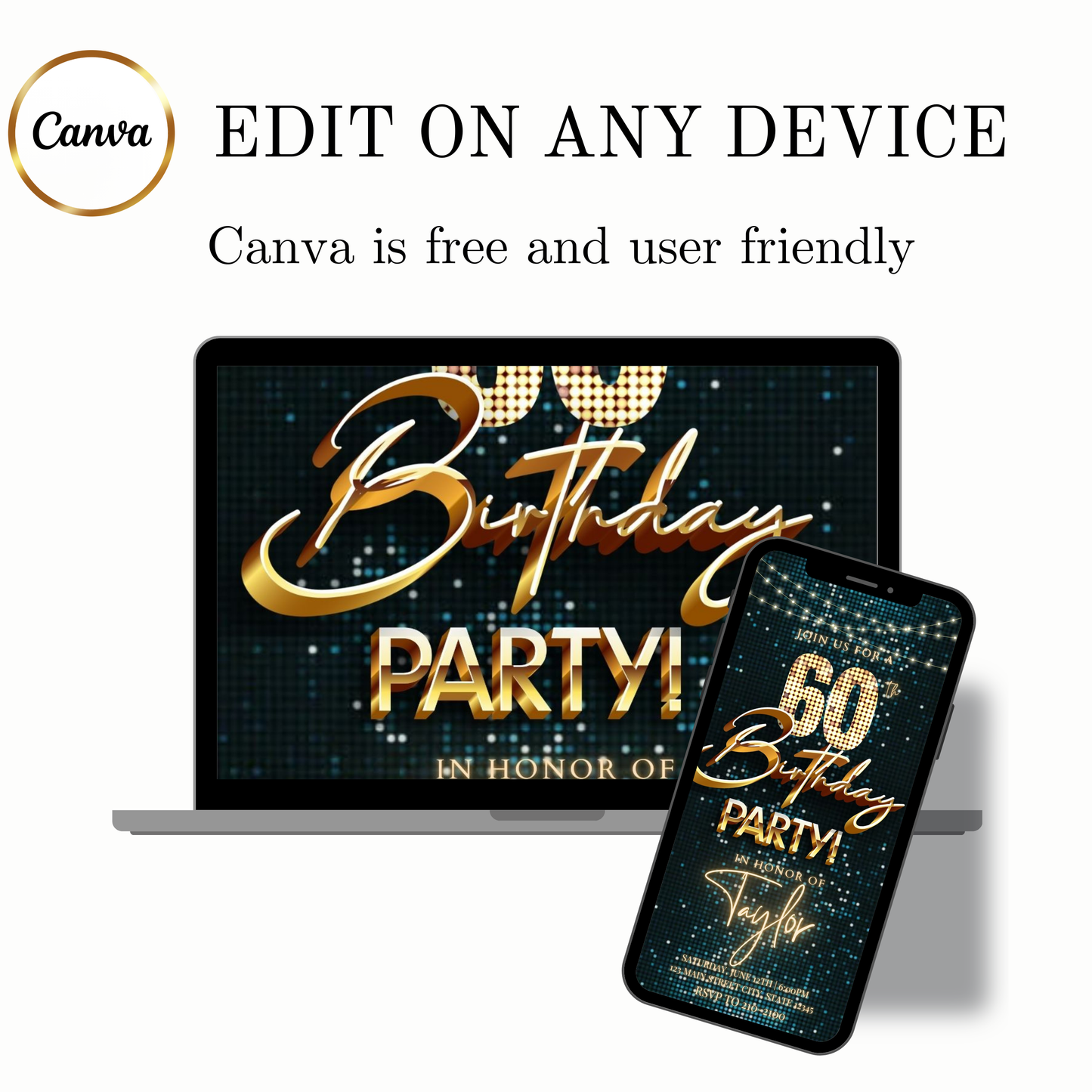 Editable teal gold disco 60th birthday birthday video invitation displayed on a mobile phone, featuring an animated vertical digital invite with music, created in Canva. This premium video invitation template is designed for sharing by text, email, and social media and works with an interactive RSVP website for easy guest response tracking.