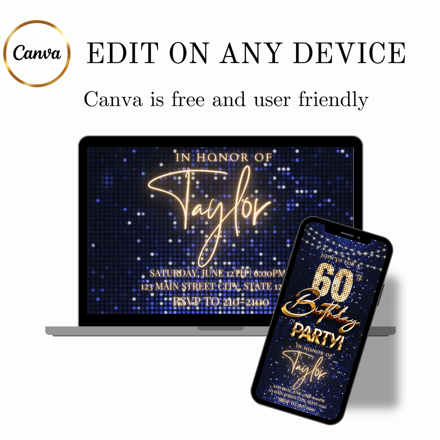 Editable navy sequin gold 60th birthday birthday video invitation displayed on a mobile phone, featuring an animated vertical digital invite with music, created in Canva. This premium video invitation template is designed for sharing by text, email, and social media and works with an interactive RSVP website for easy guest response tracking.