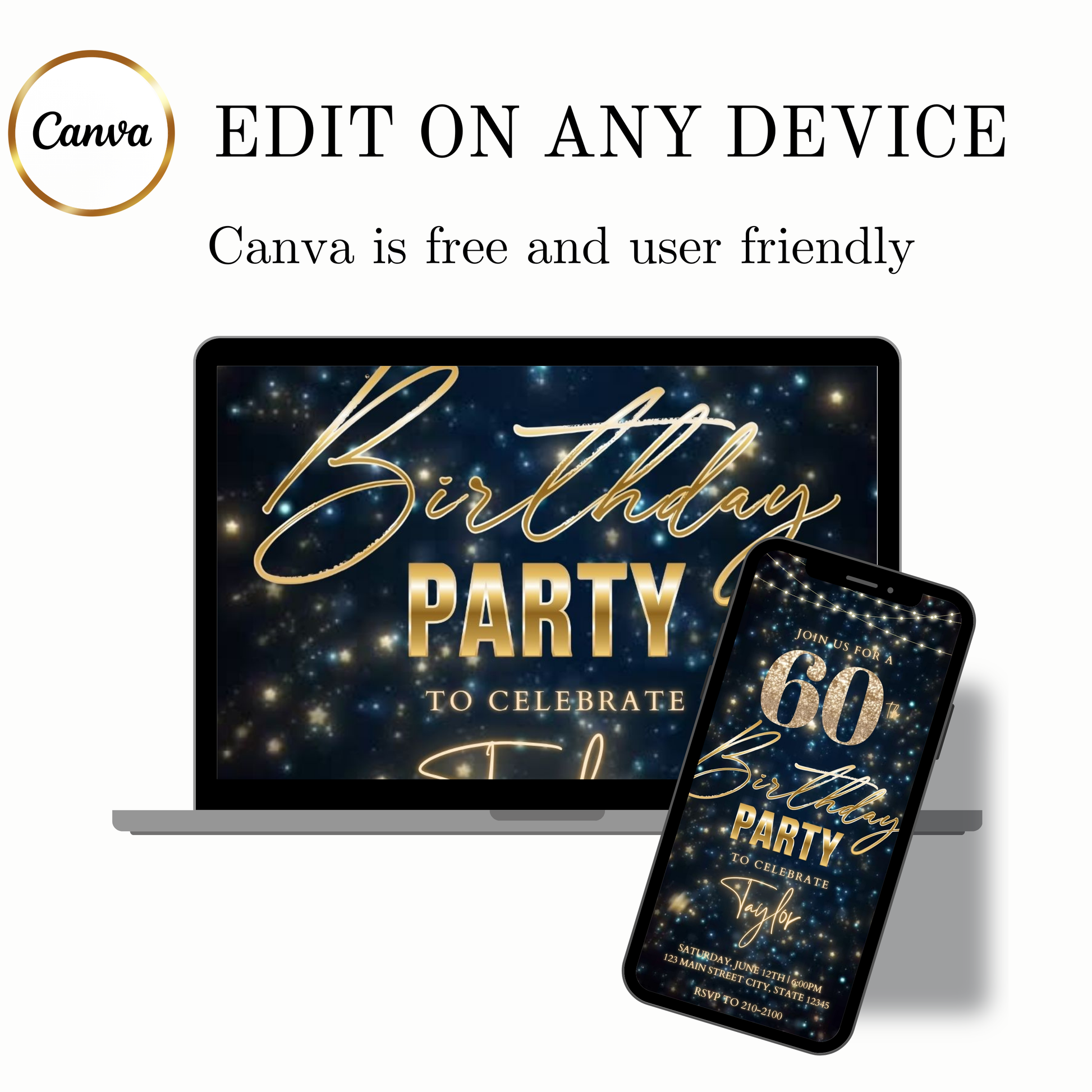 Editable teal gold sparkle 60th birthday birthday video invitation displayed on a mobile phone, featuring an animated vertical digital invite with music, created in Canva. This premium video invitation template is designed for sharing by text, email, and social media and works with an interactive RSVP website for easy guest response tracking.