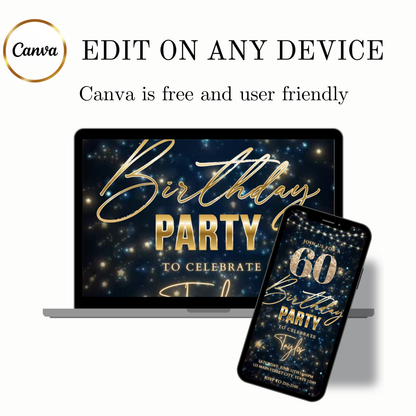 Editable teal gold sparkle 60th birthday birthday video invitation displayed on a mobile phone, featuring an animated vertical digital invite with music, created in Canva. This premium video invitation template is designed for sharing by text, email, and social media and works with an interactive RSVP website for easy guest response tracking.