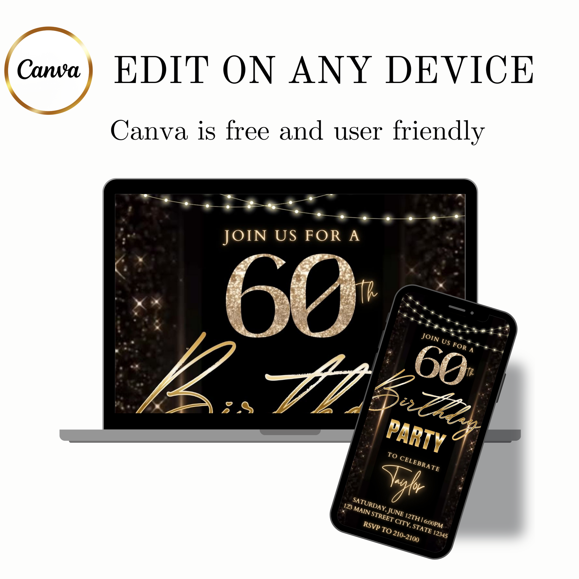 Editable black gold sparkle 60th birthday birthday video invitation displayed on a mobile phone, featuring an animated vertical digital invite with music, created in Canva. This premium video invitation template is designed for sharing by text, email, and social media and works with an interactive RSVP website for easy guest response tracking.