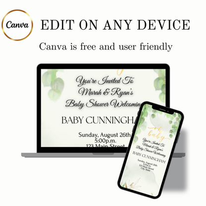 Editable greenery baby shower baby shower video invitation displayed on a mobile phone, featuring an animated vertical digital invite with music, created in Canva. This premium video invitation template is designed for sharing by text, email, and social media and works with an interactive RSVP website for easy guest response tracking.