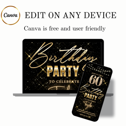 Editable gold sparkle grid 60th birthday birthday video invitation displayed on a mobile phone, featuring an animated vertical digital invite with music, created in Canva. This premium video invitation template is designed for sharing by text, email, and social media and works with an interactive RSVP website for easy guest response tracking.