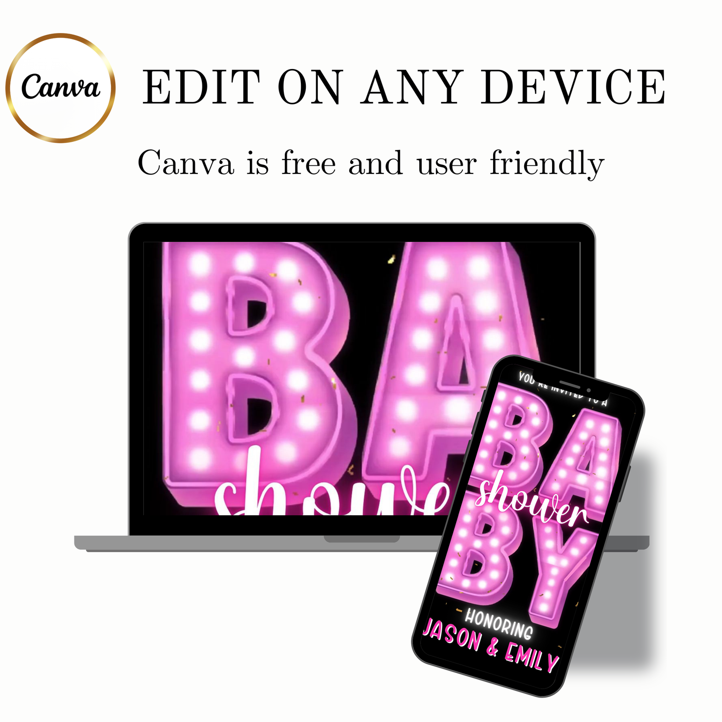Editable pink neon baby shower baby shower video invitation displayed on a mobile phone, featuring an animated vertical digital invite with music, created in Canva. This premium video invitation template is designed for sharing by text, email, and social media and works with an interactive RSVP website for easy guest response tracking.