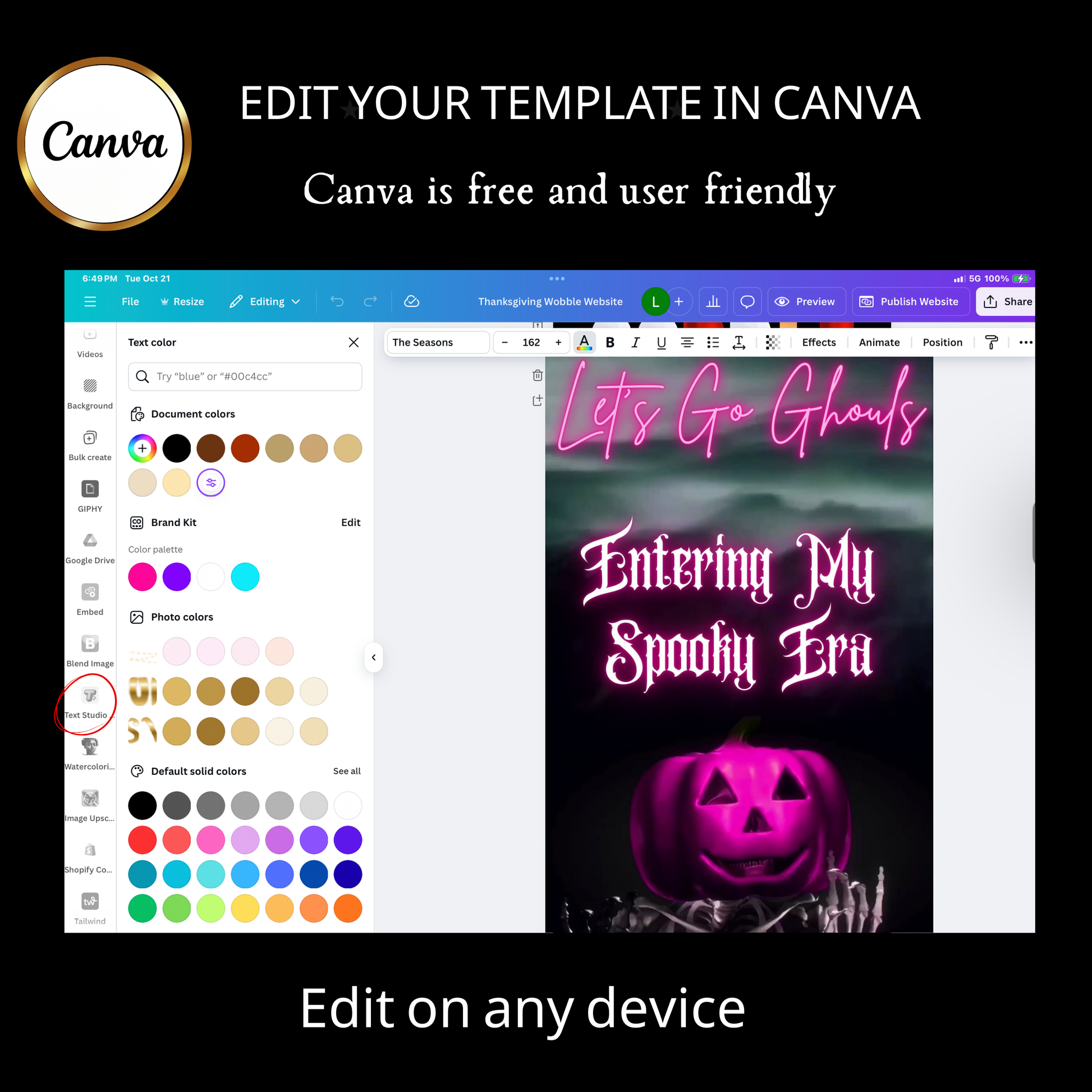 Editable pink spooky halloween party party video invitation displayed on a mobile phone, featuring an animated vertical digital invite with music, created in Canva. This premium video invitation template is designed for sharing by text, email, and social media and works with an interactive RSVP website for easy guest response tracking.