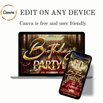 Editable hollywood red carpet 60th birthday birthday video invitation displayed on a mobile phone, featuring an animated vertical digital invite with music, created in Canva. This premium video invitation template is designed for sharing by text, email, and social media and works with an interactive RSVP website for easy guest response tracking.