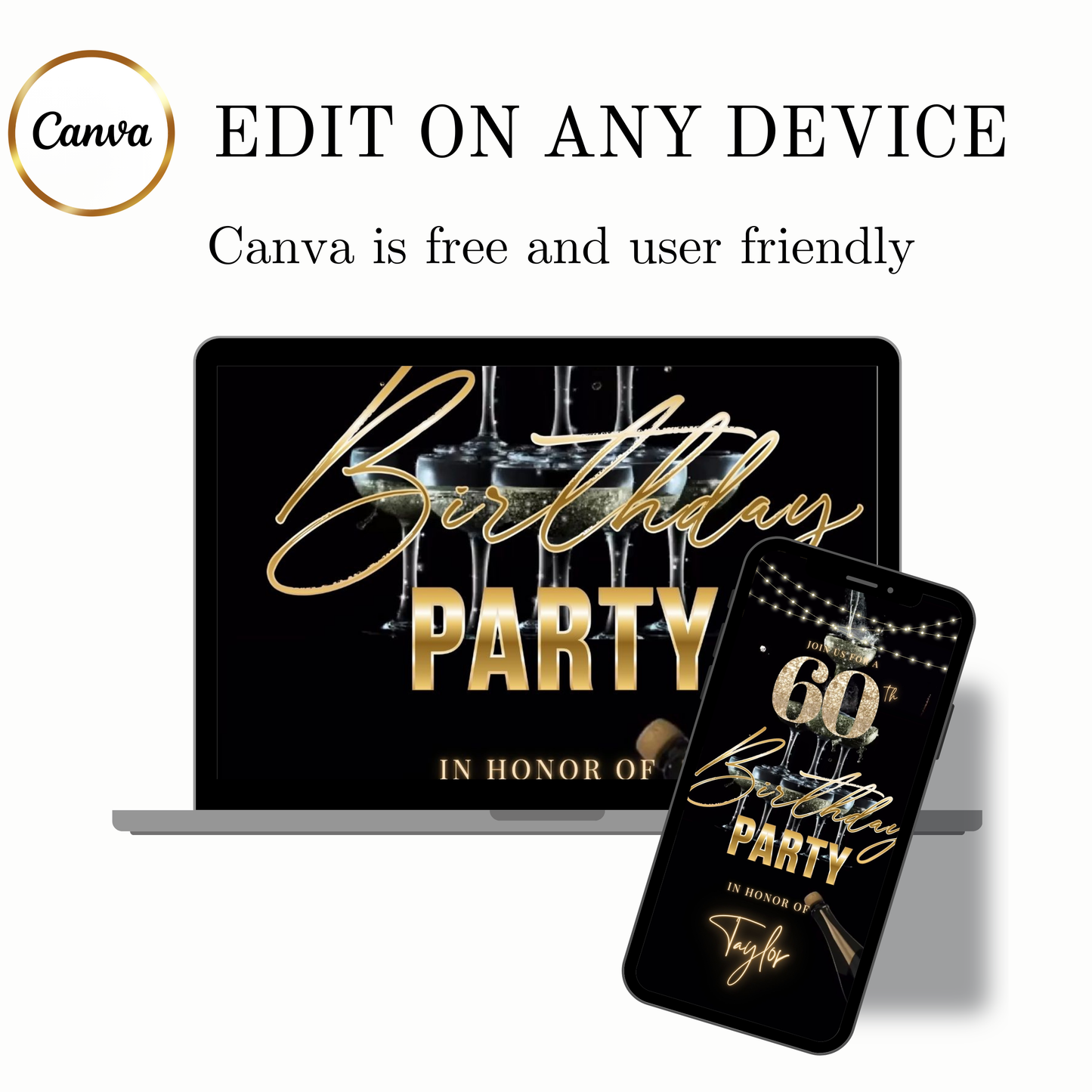 Editable luxury gold champagne 60th birthday birthday video invitation displayed on a mobile phone, featuring an animated vertical digital invite with music, created in Canva. This premium video invitation template is designed for sharing by text, email, and social media and works with an interactive RSVP website for easy guest response tracking.