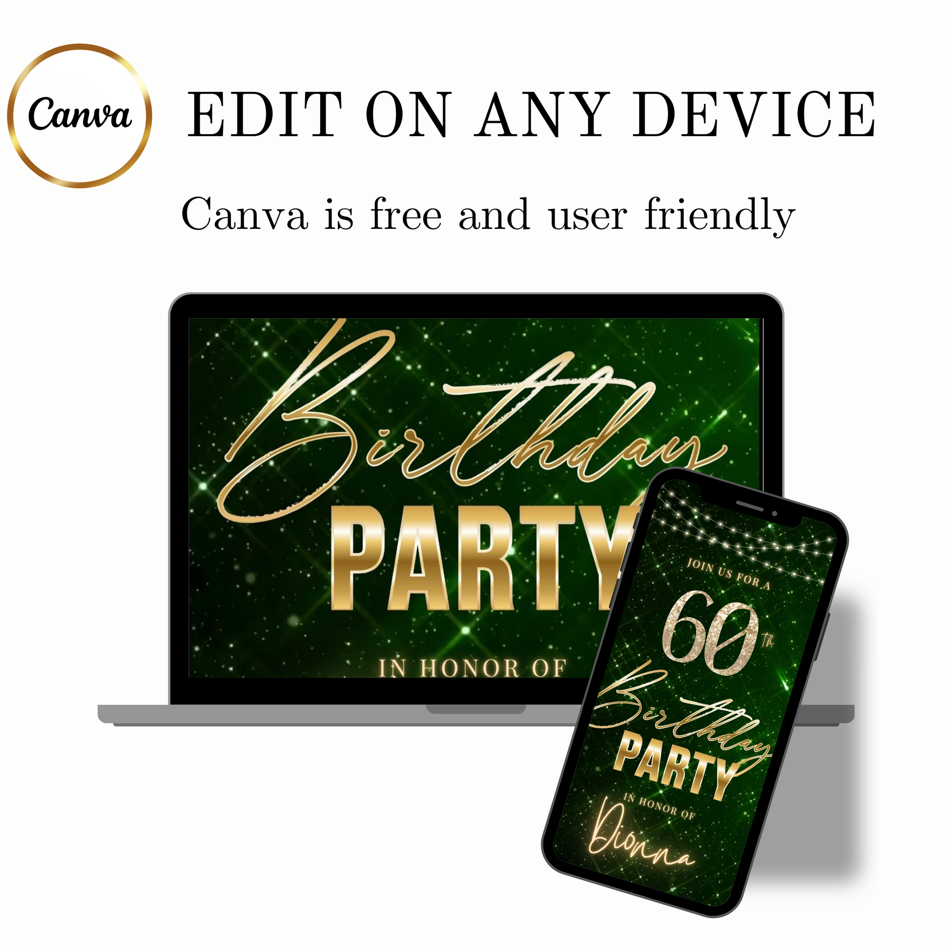 Editable emerald green gold 60th birthday birthday video invitation displayed on a mobile phone, featuring an animated vertical digital invite with music, created in Canva. This premium video invitation template is designed for sharing by text, email, and social media and works with an interactive RSVP website for easy guest response tracking.