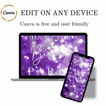 Editable purple bokeh 50th birthday birthday video invitation displayed on a mobile phone, featuring an animated vertical digital invite with music, created in Canva. This premium video invitation template is designed for sharing by text, email, and social media and works with an interactive RSVP website for easy guest response tracking.