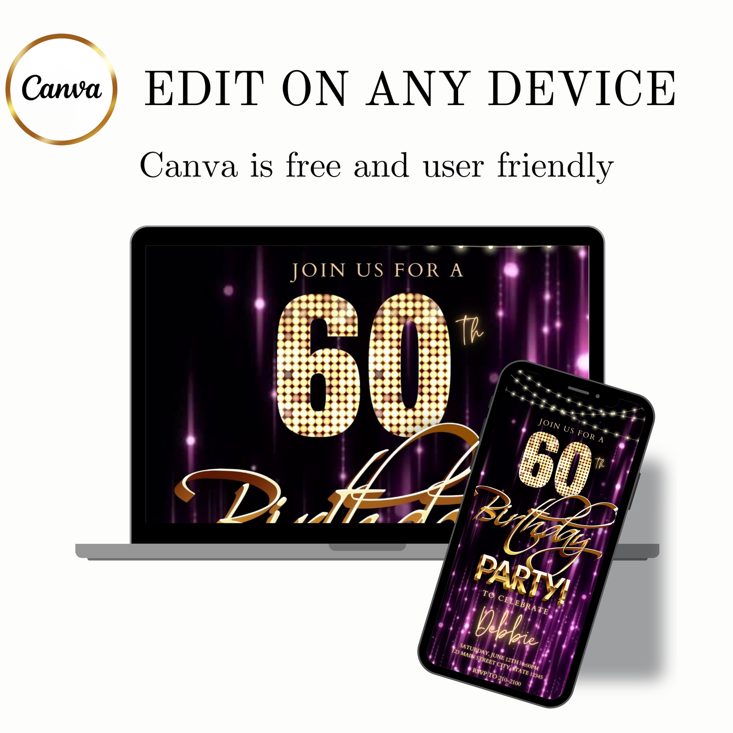 Editable purple gold glam 60th birthday birthday video invitation displayed on a mobile phone, featuring an animated vertical digital invite with music, created in Canva. This premium video invitation template is designed for sharing by text, email, and social media and works with an interactive RSVP website for easy guest response tracking.