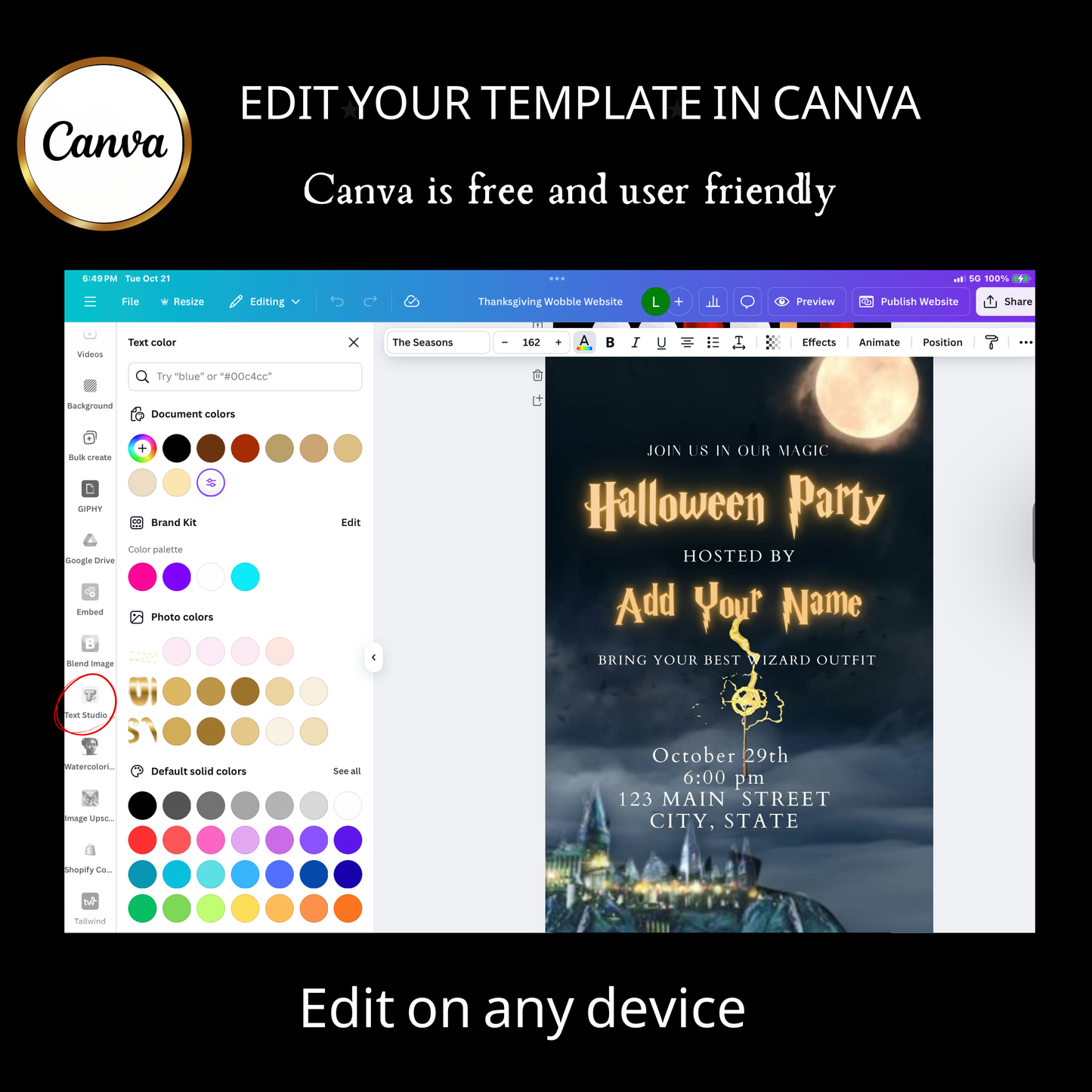 Editable wizard halloween party party video invitation displayed on a mobile phone, featuring an animated vertical digital invite with music, created in Canva. This premium video invitation template is designed for sharing by text, email, and social media and works with an interactive RSVP website for easy guest response tracking.