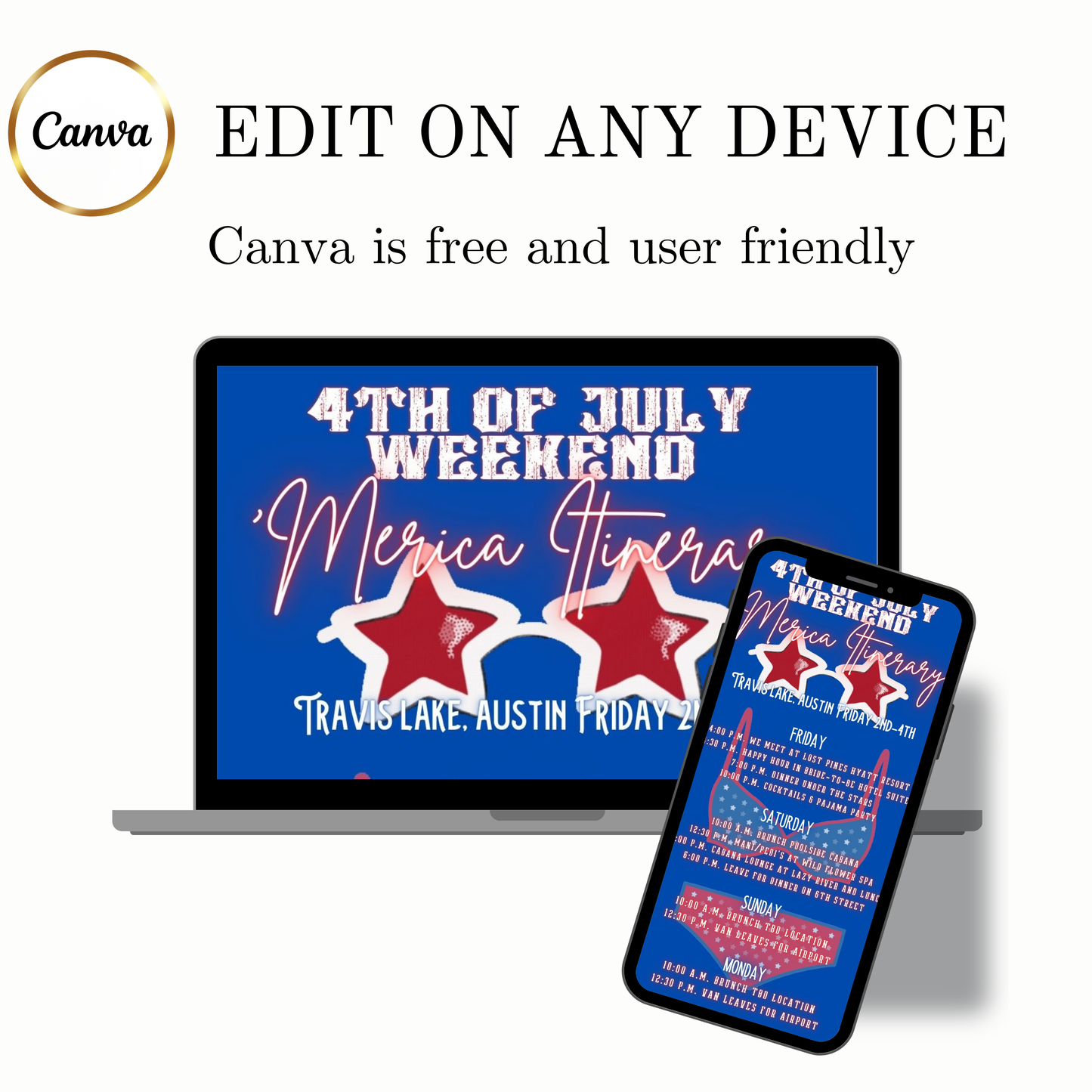 Editable patriotic 4th of july weekend party party video invitation displayed on a mobile phone, featuring an animated vertical digital invite with music, created in Canva. This premium video invitation template is designed for sharing by text, email, and social media and works with an interactive RSVP website for easy guest response tracking.