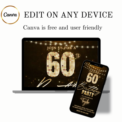 Editable bronze glitter 60th birthday birthday video invitation displayed on a mobile phone, featuring an animated vertical digital invite with music, created in Canva. This premium video invitation template is designed for sharing by text, email, and social media and works with an interactive RSVP website for easy guest response tracking.