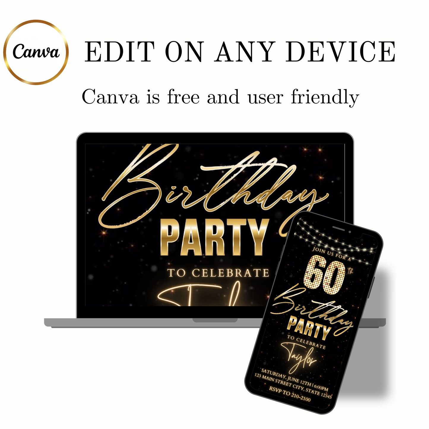 Editable black gold starry 60th birthday birthday video invitation displayed on a mobile phone, featuring an animated vertical digital invite with music, created in Canva. This premium video invitation template is designed for sharing by text, email, and social media and works with an interactive RSVP website for easy guest response tracking.