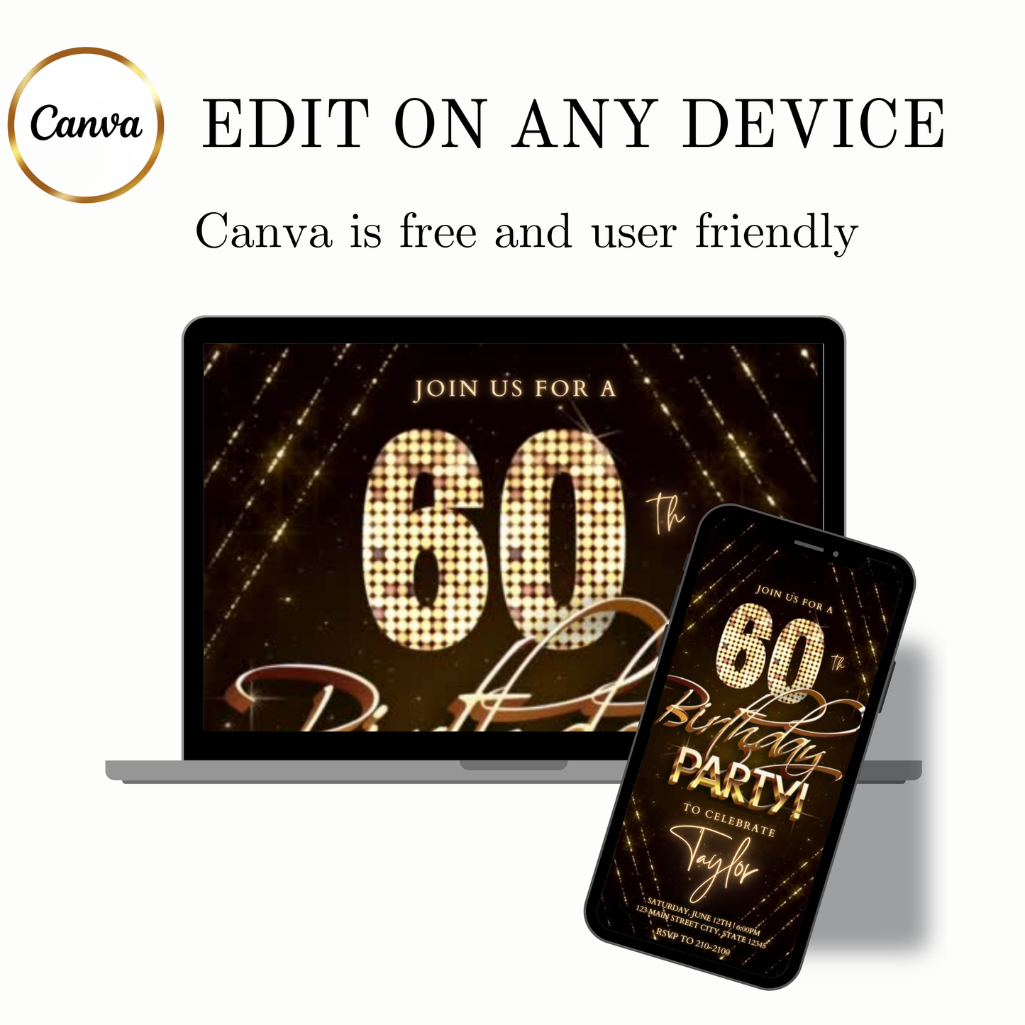 Editable gold glitter 60th birthday birthday video invitation displayed on a mobile phone, featuring an animated vertical digital invite with music, created in Canva. This premium video invitation template is designed for sharing by text, email, and social media and works with an interactive RSVP website for easy guest response tracking.