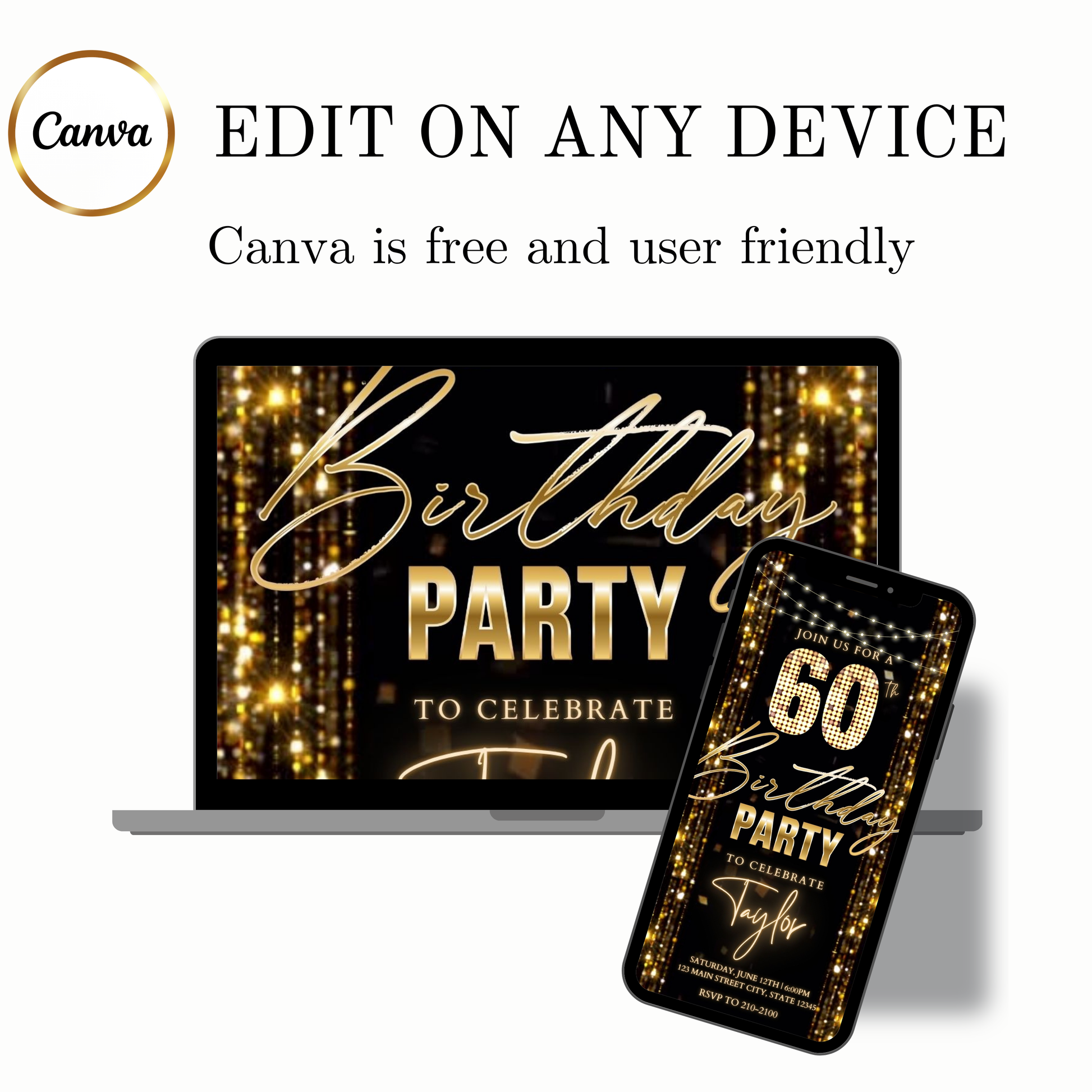 Editable gold glitter curtain 60th birthday birthday video invitation displayed on a mobile phone, featuring an animated vertical digital invite with music, created in Canva. This premium video invitation template is designed for sharing by text, email, and social media and works with an interactive RSVP website for easy guest response tracking.