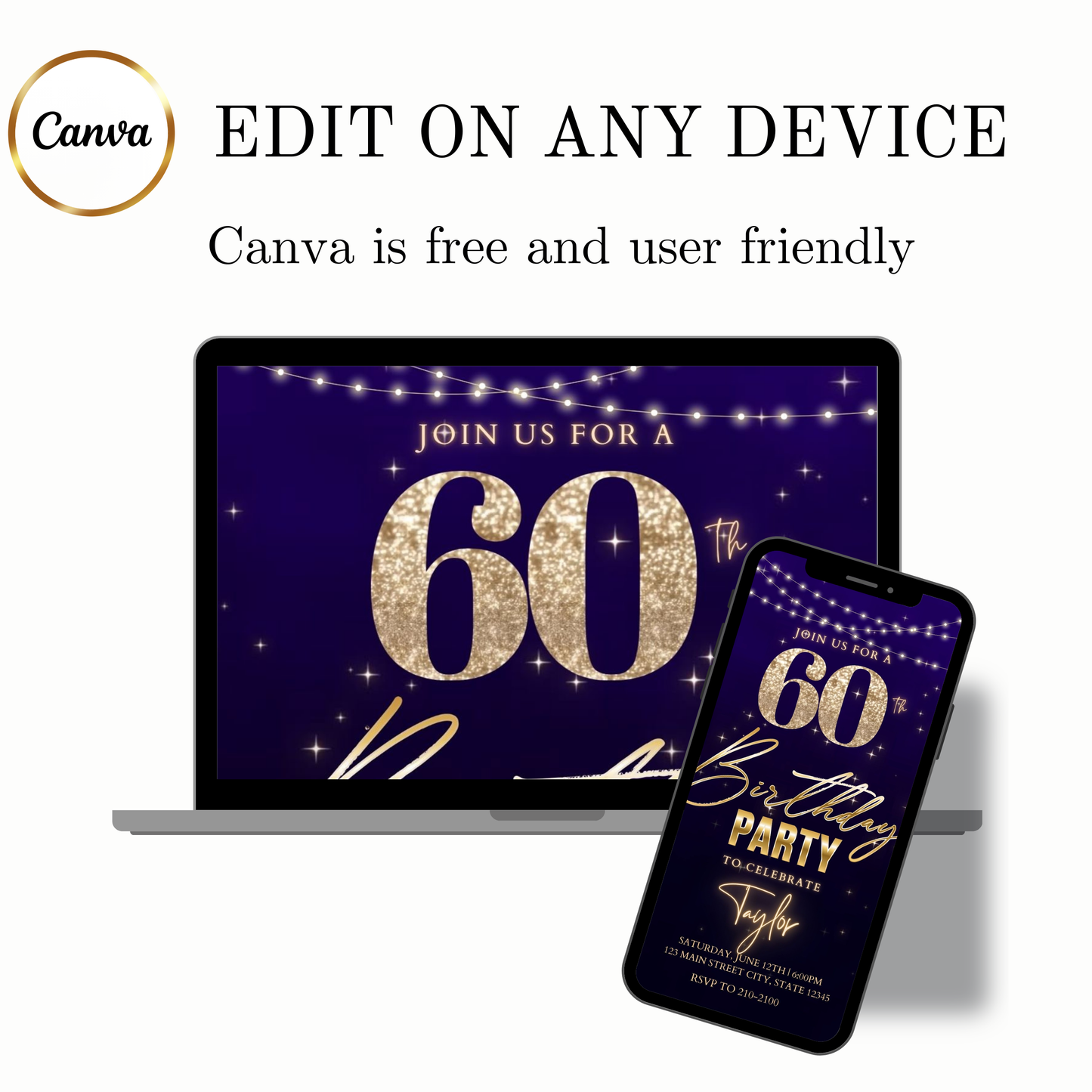 Editable purple gold starry 60th birthday birthday video invitation displayed on a mobile phone, featuring an animated vertical digital invite with music, created in Canva. This premium video invitation template is designed for sharing by text, email, and social media and works with an interactive RSVP website for easy guest response tracking.