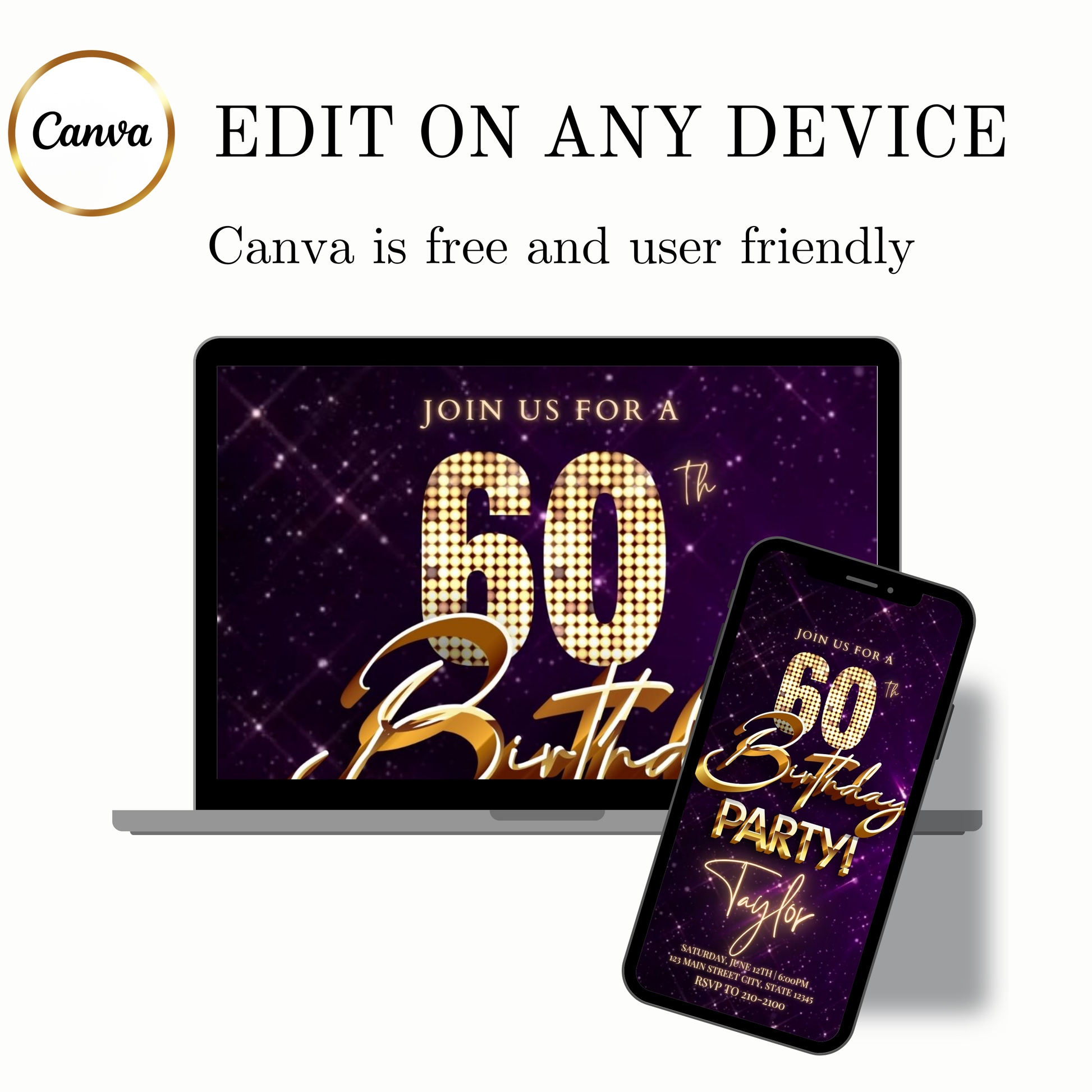 Editable purple gold sparkle 60th birthday birthday video invitation displayed on a mobile phone, featuring an animated vertical digital invite with music, created in Canva. This premium video invitation template is designed for sharing by text, email, and social media and works with an interactive RSVP website for easy guest response tracking.