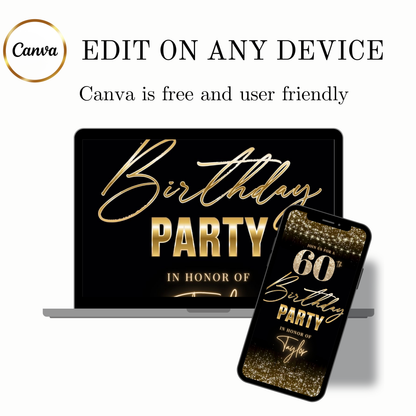 Editable gold sparkle 60th birthday birthday video invitation displayed on a mobile phone, featuring an animated vertical digital invite with music, created in Canva. This premium video invitation template is designed for sharing by text, email, and social media and works with an interactive RSVP website for easy guest response tracking.