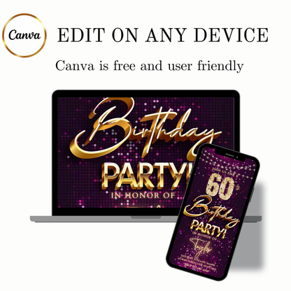 Editable violet gold sequin 60th birthday birthday video invitation displayed on a mobile phone, featuring an animated vertical digital invite with music, created in Canva. This premium video invitation template is designed for sharing by text, email, and social media and works with an interactive RSVP website for easy guest response tracking.