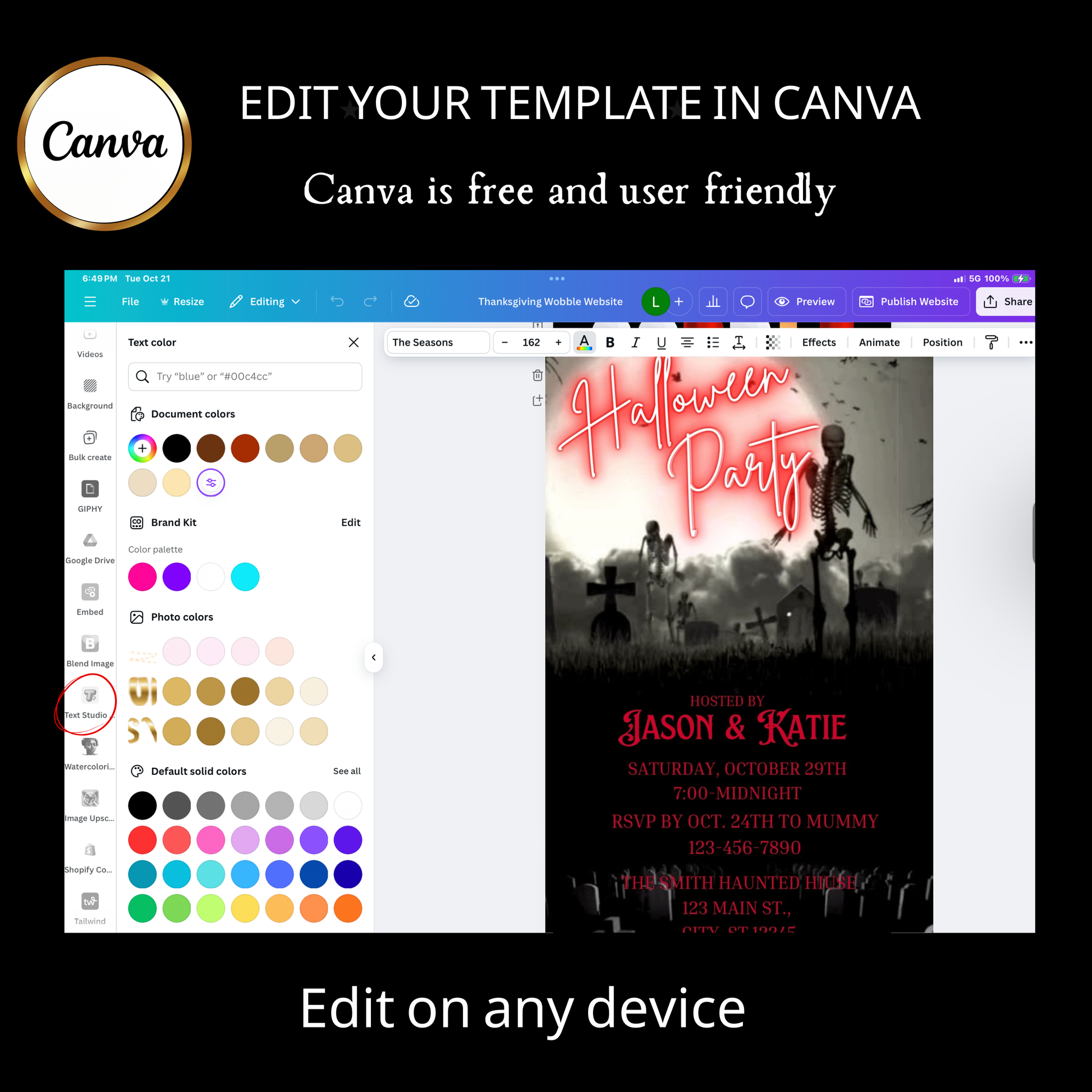 Editable graveyard halloween party party video invitation displayed on a mobile phone, featuring an animated vertical digital invite with music, created in Canva. This premium video invitation template is designed for sharing by text, email, and social media and works with an interactive RSVP website for easy guest response tracking.