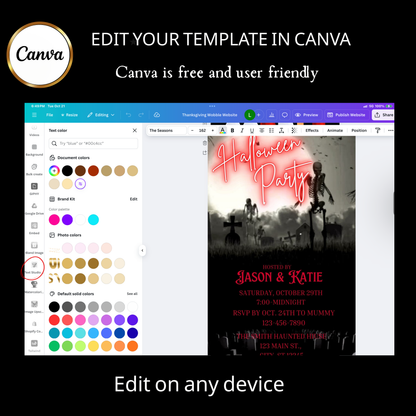 Editable graveyard halloween party party video invitation displayed on a mobile phone, featuring an animated vertical digital invite with music, created in Canva. This premium video invitation template is designed for sharing by text, email, and social media and works with an interactive RSVP website for easy guest response tracking.