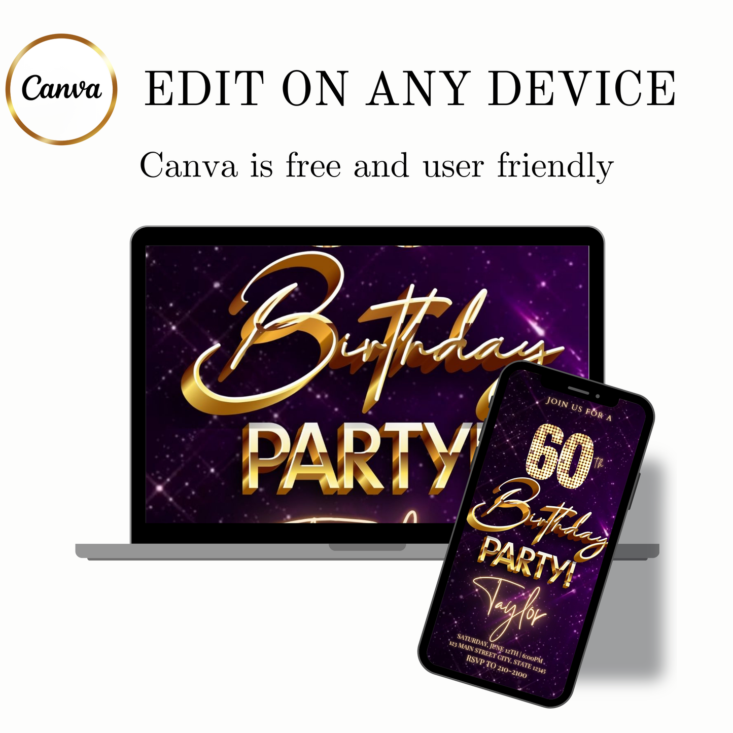 Editable purple gold elegant 60th birthday birthday video invitation displayed on a mobile phone, featuring an animated vertical digital invite with music, created in Canva. This premium video invitation template is designed for sharing by text, email, and social media and works with an interactive RSVP website for easy guest response tracking.