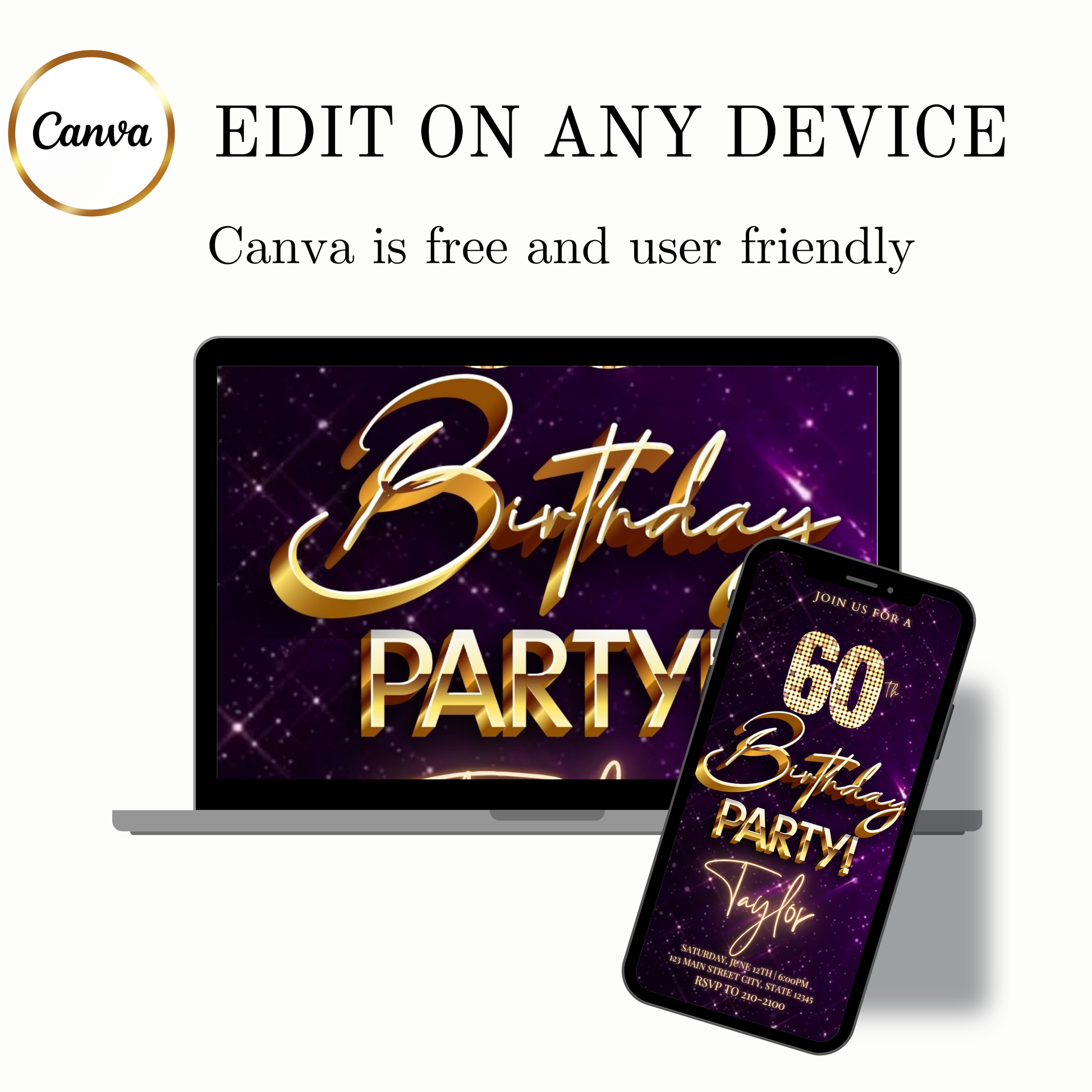 Editable purple gold elegant 60th birthday birthday video invitation displayed on a mobile phone, featuring an animated vertical digital invite with music, created in Canva. This premium video invitation template is designed for sharing by text, email, and social media and works with an interactive RSVP website for easy guest response tracking.
