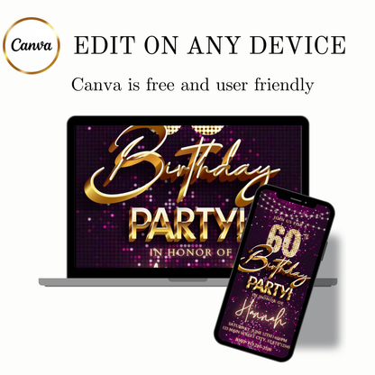 Editable violet sequin gold 60th birthday birthday video invitation displayed on a mobile phone, featuring an animated vertical digital invite with music, created in Canva. This premium video invitation template is designed for sharing by text, email, and social media and works with an interactive RSVP website for easy guest response tracking.