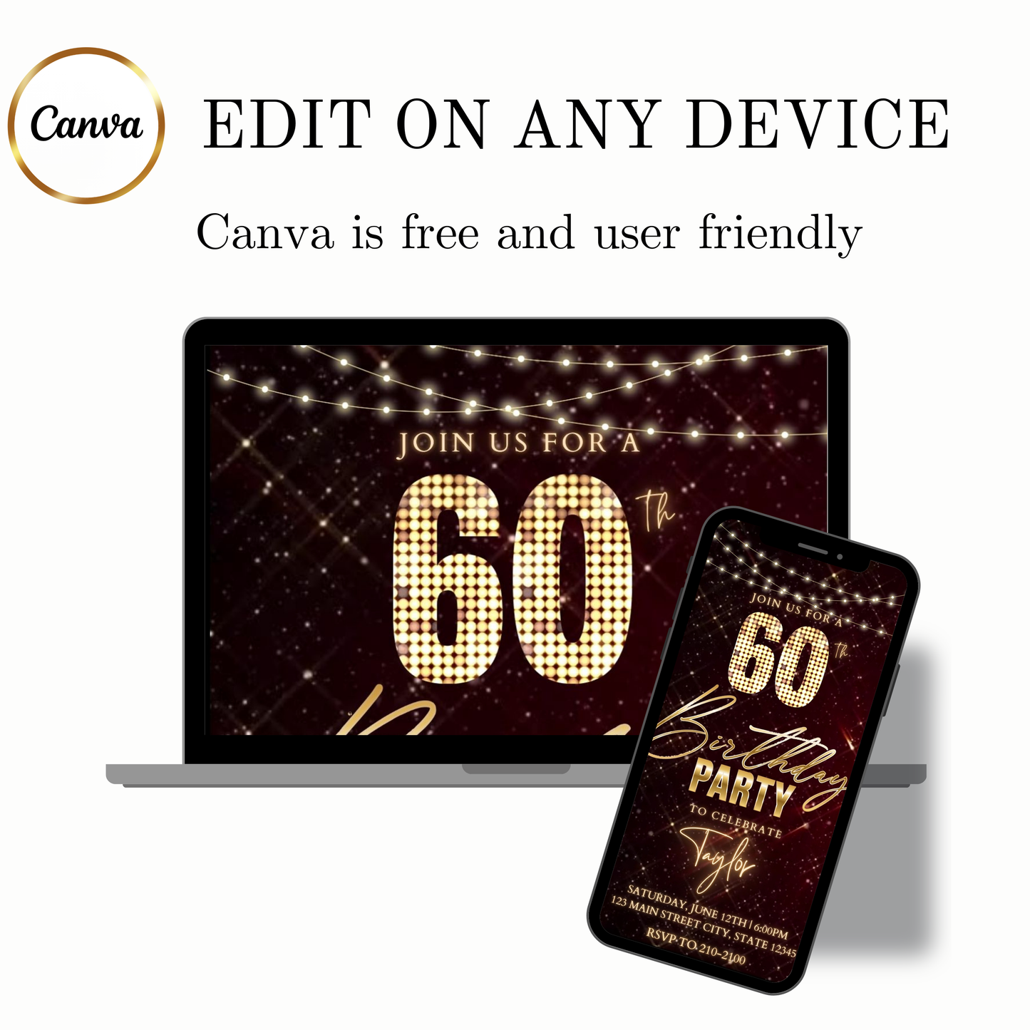 Editable maroon gold sparkle 60th birthday birthday video invitation displayed on a mobile phone, featuring an animated vertical digital invite with music, created in Canva. This premium video invitation template is designed for sharing by text, email, and social media and works with an interactive RSVP website for easy guest response tracking.