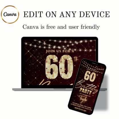 Editable maroon gold sparkle 60th birthday birthday video invitation displayed on a mobile phone, featuring an animated vertical digital invite with music, created in Canva. This premium video invitation template is designed for sharing by text, email, and social media and works with an interactive RSVP website for easy guest response tracking.